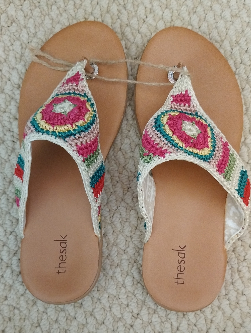 Thesak Women's Crochet Embellished Tan Sandals - Pink Multicolor